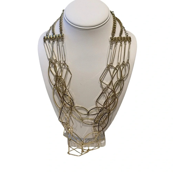 Long Gold-Tone Multi-Strand Layered Geometric Statement Necklace 20” Elegant - Picture 2 of 8